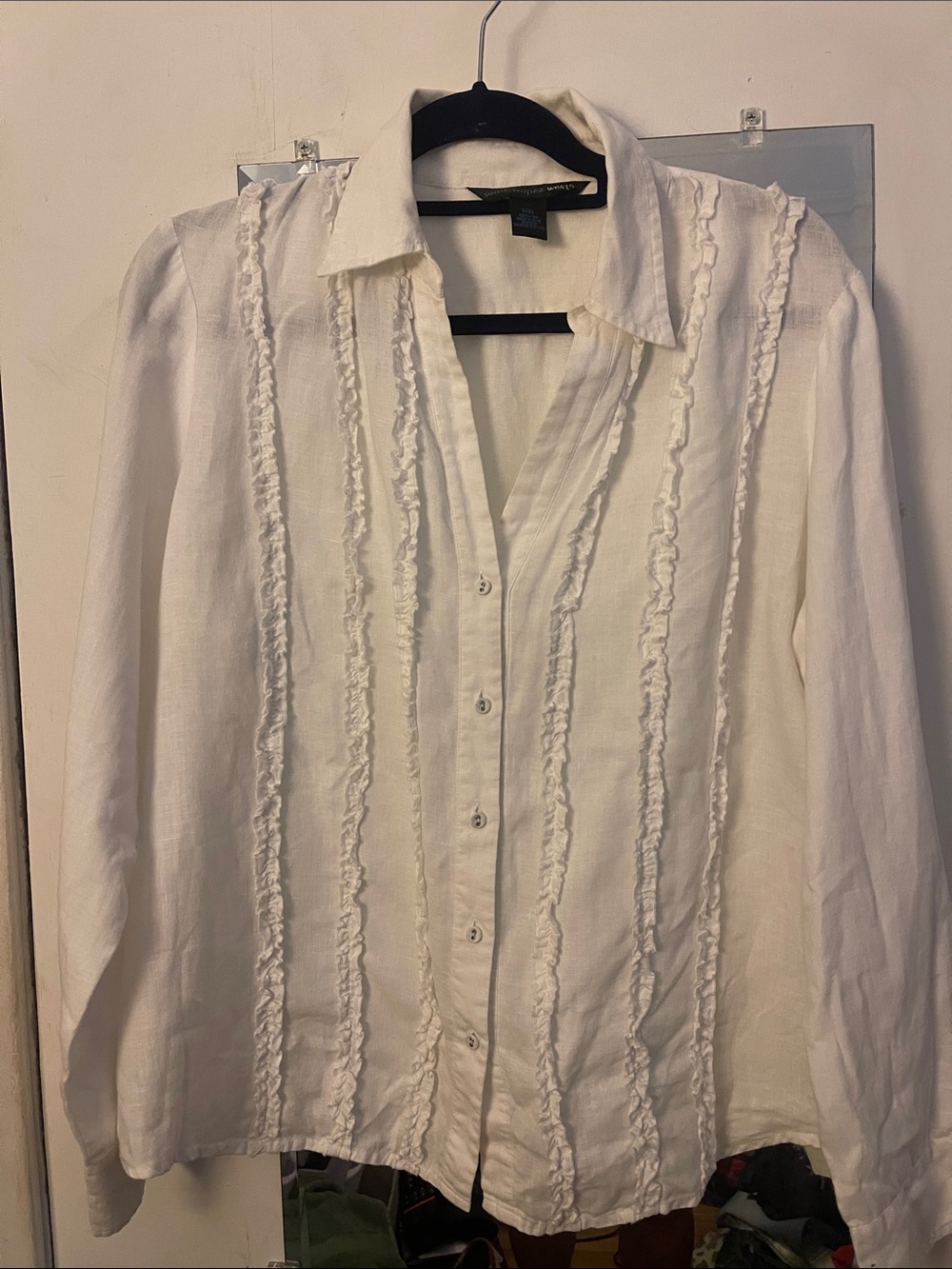 Saint Tropez West White, 100% Linen, Ruffled Button-Front Blouse